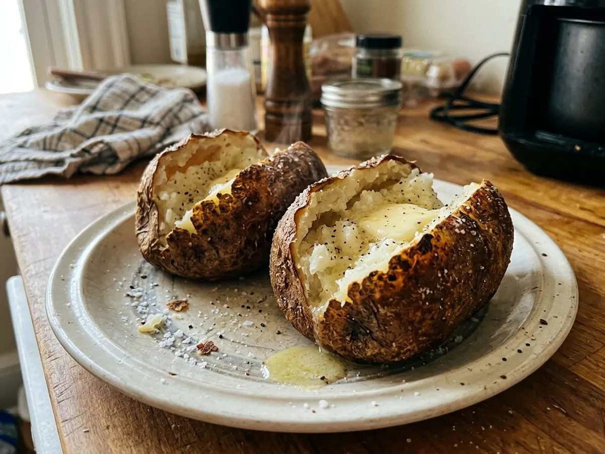 Air fryer baked potatoes with crispy salted skins, split open and steaming