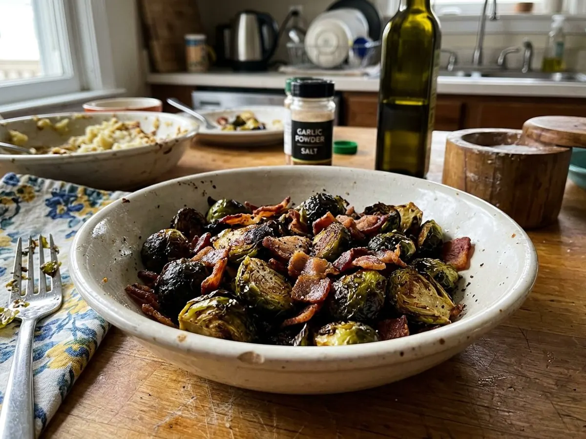 Charred air fryer brussels sprouts tossed with crispy bacon pieces