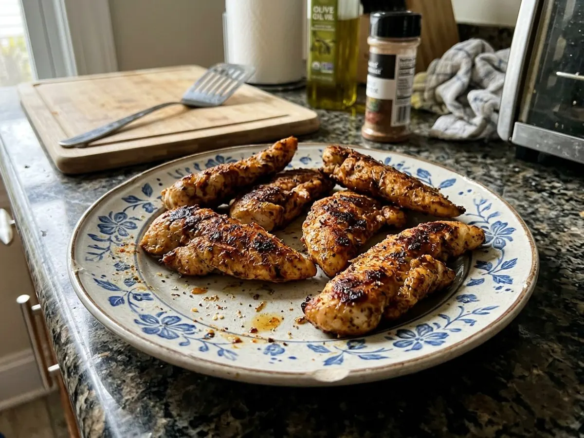 Seasoned no-breading chicken tenders cooked golden in the air fryer