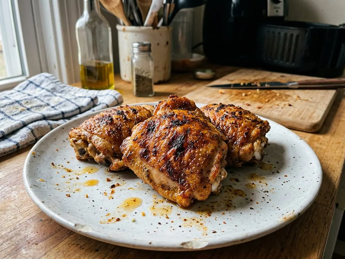 Crispy bone-in air fryer chicken thighs with browned, seasoned skin