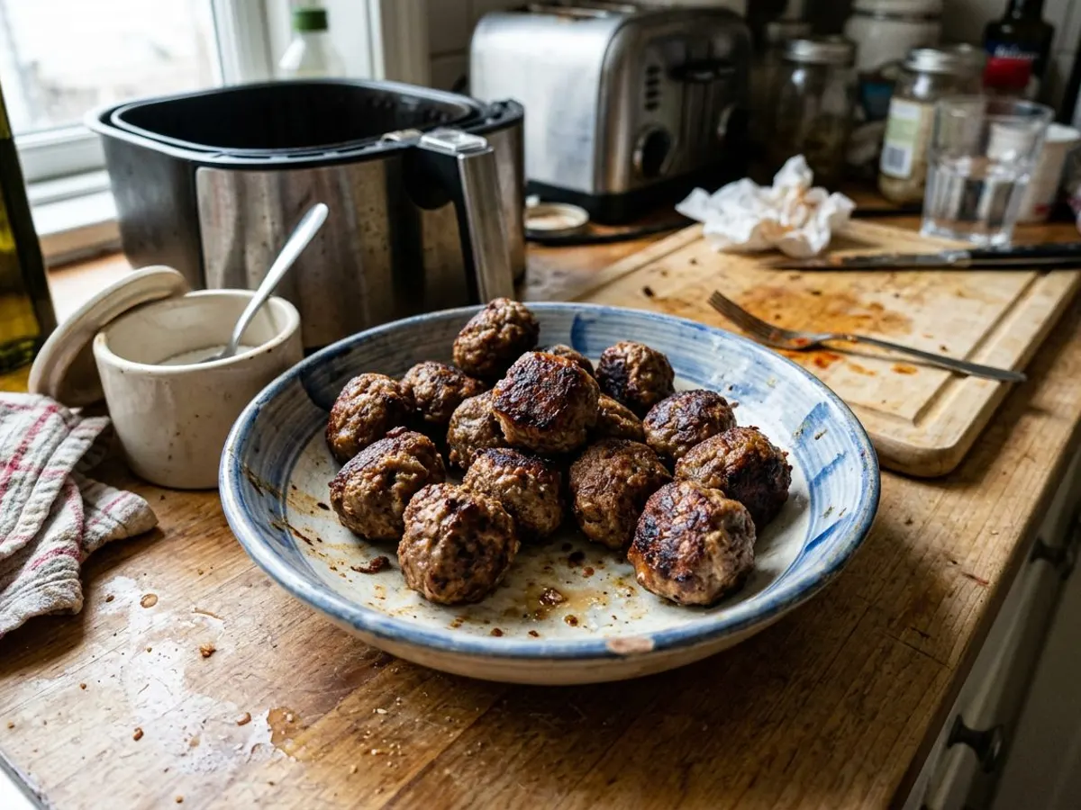 Browned meatballs cooked from frozen in the air fryer