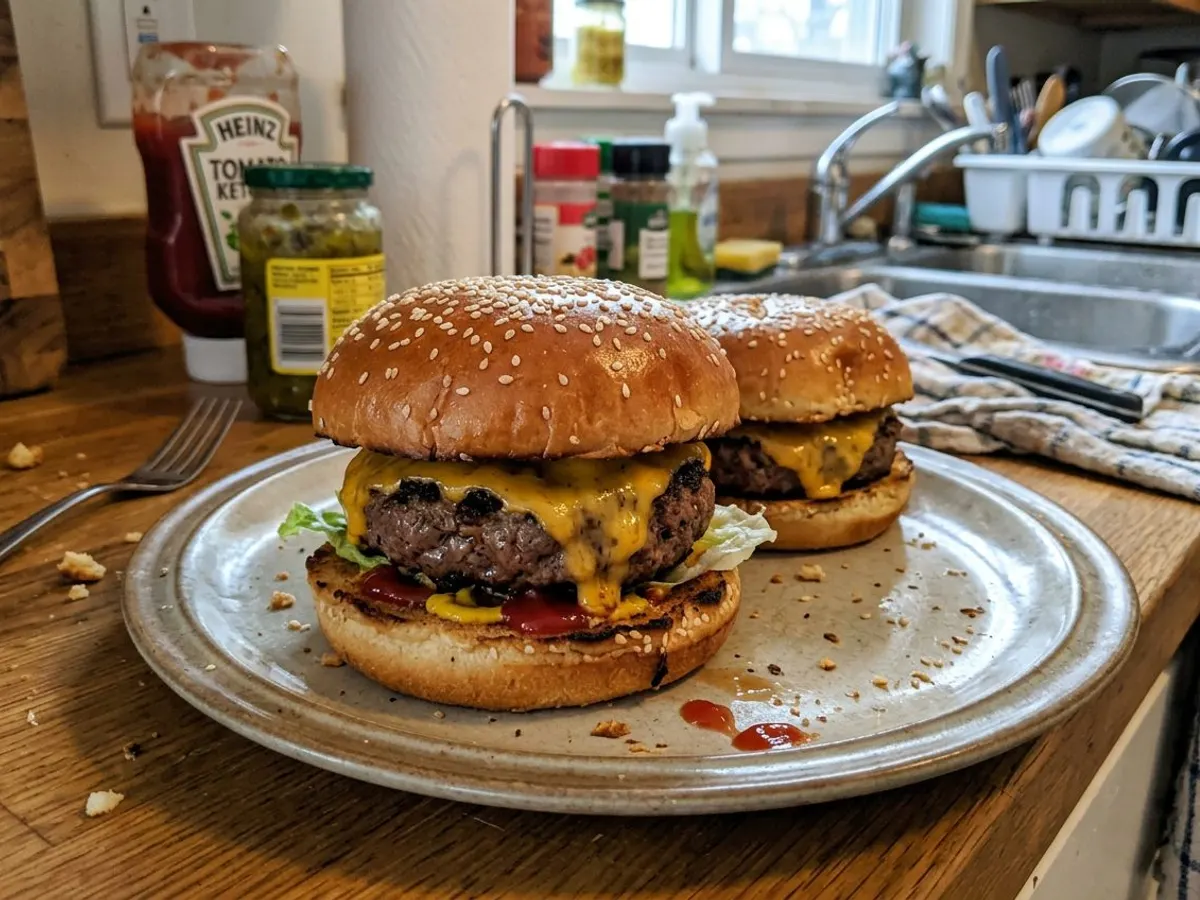 Juicy air fryer hamburger with melted cheese on a toasted bun