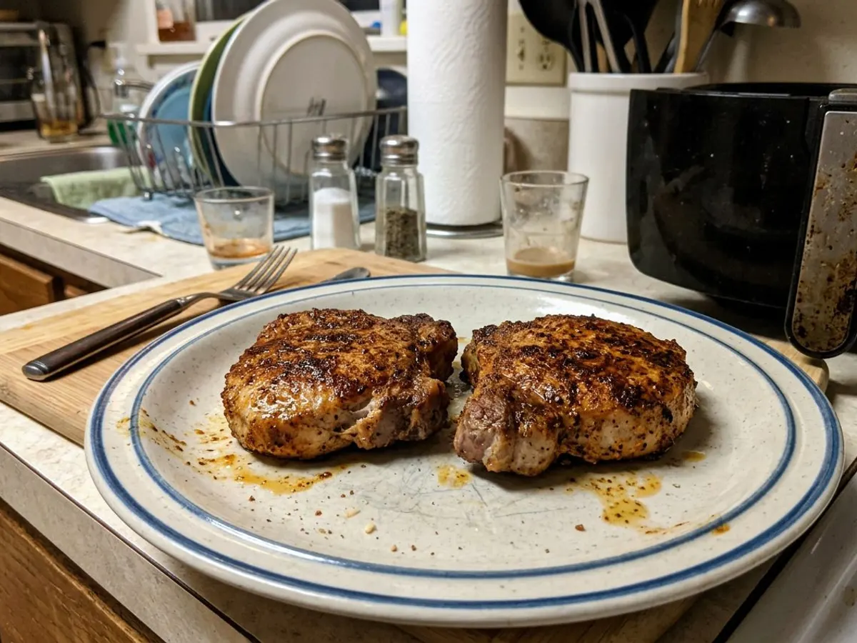 Juicy boneless air fryer pork chops with a browned spice crust