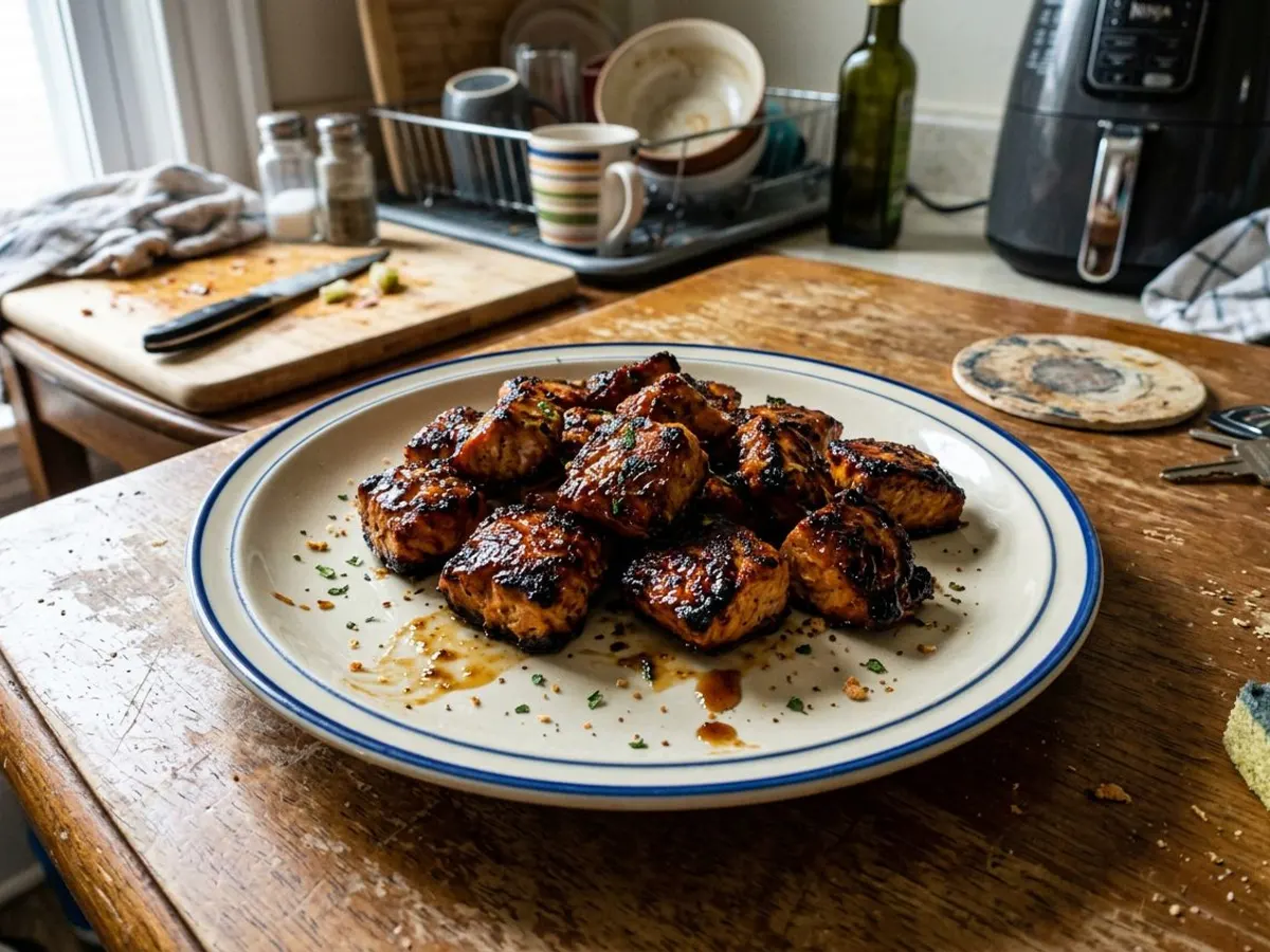 Glazed air fryer salmon bites with caramelized edges