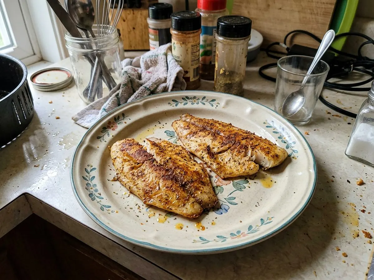 Flaky air fryer tilapia fillets with a golden seasoned crust