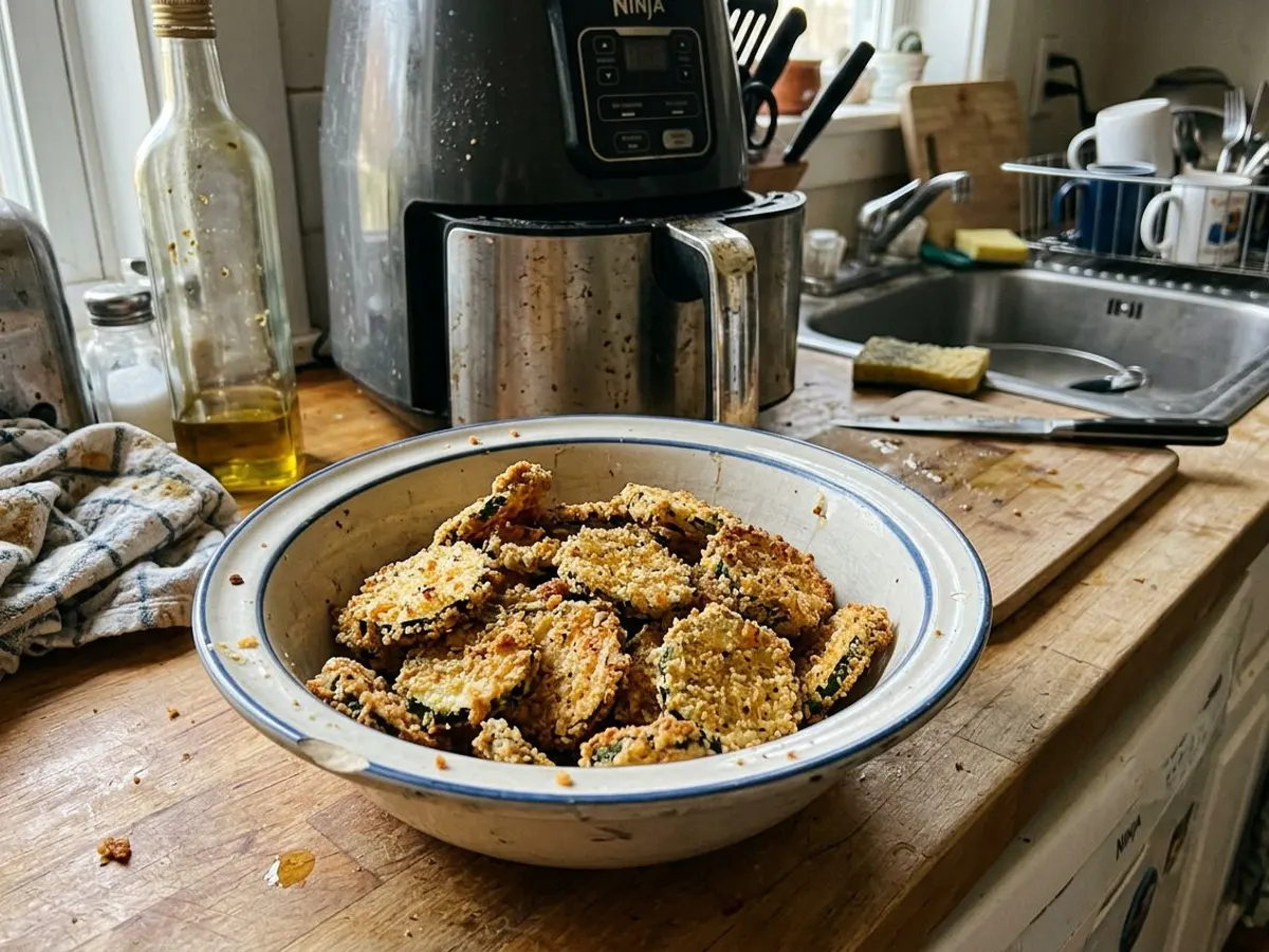 Crispy breaded air fryer zucchini chips, golden brown