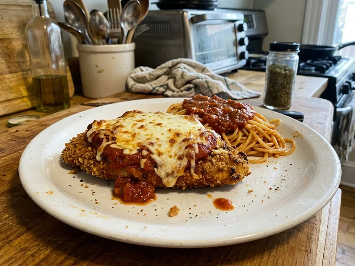 Baked chicken parmesan with crispy breading, marinara, and melted mozzarella