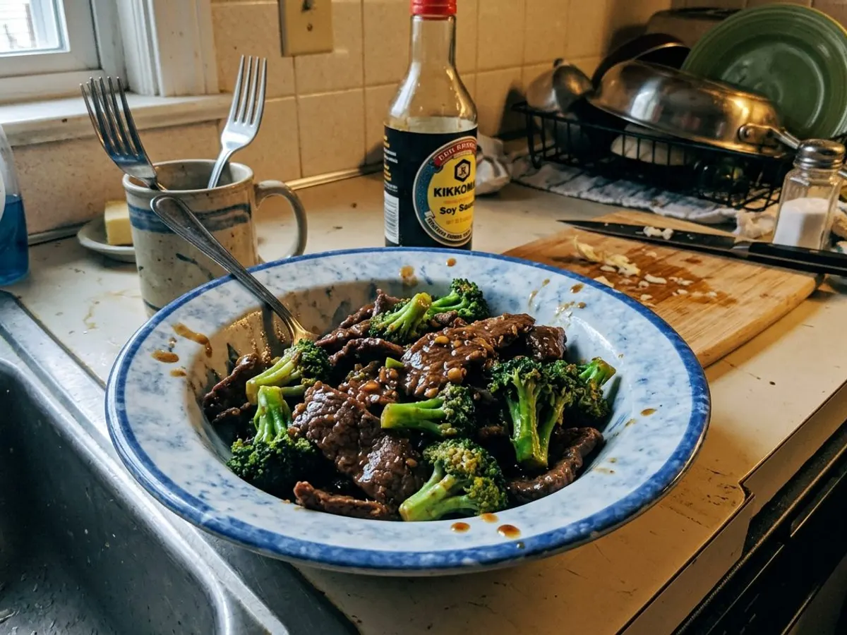 Beef and broccoli stir fry in glossy brown sauce