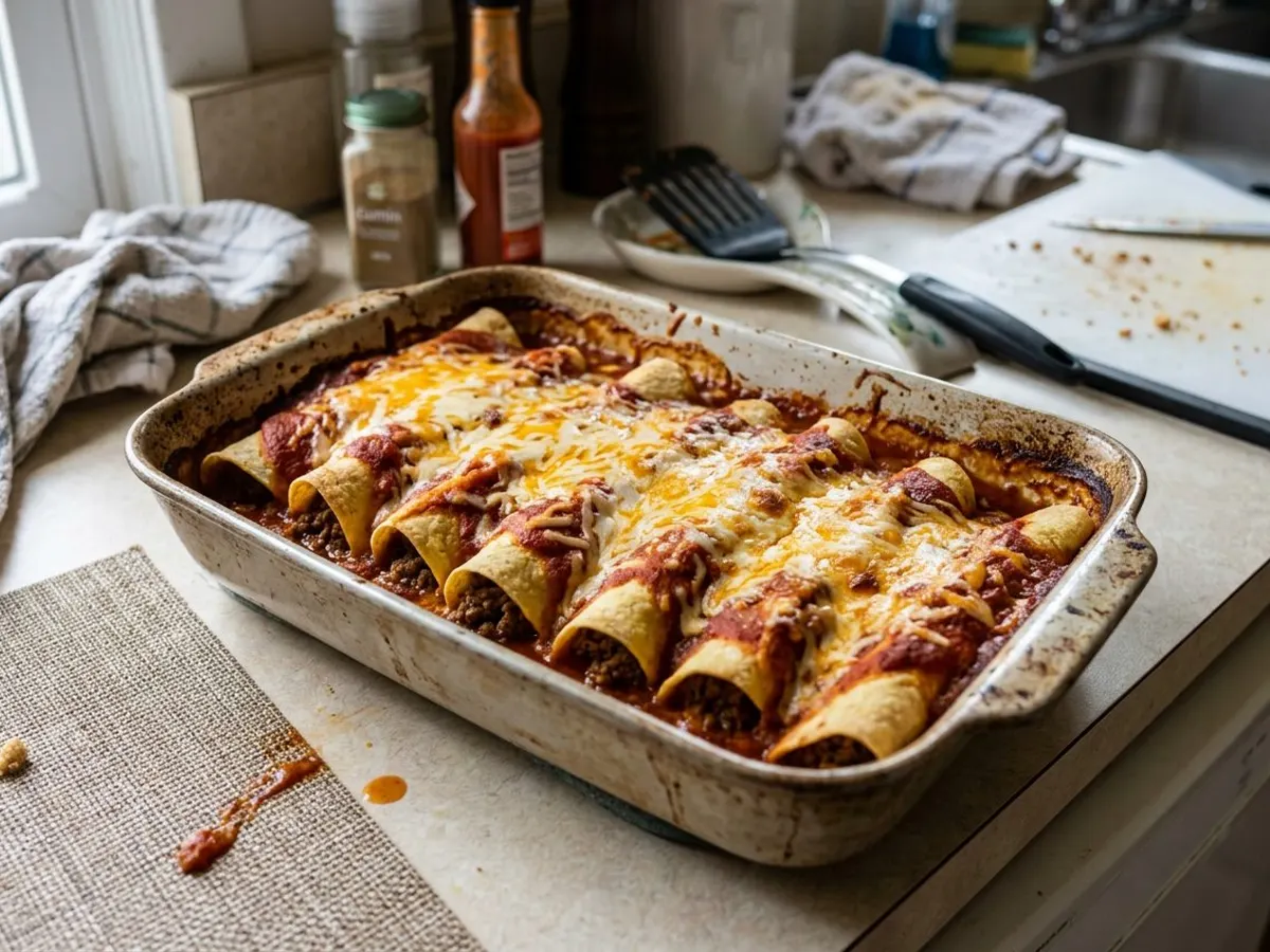 Beef enchiladas rolled and baked in red sauce with melted cheese