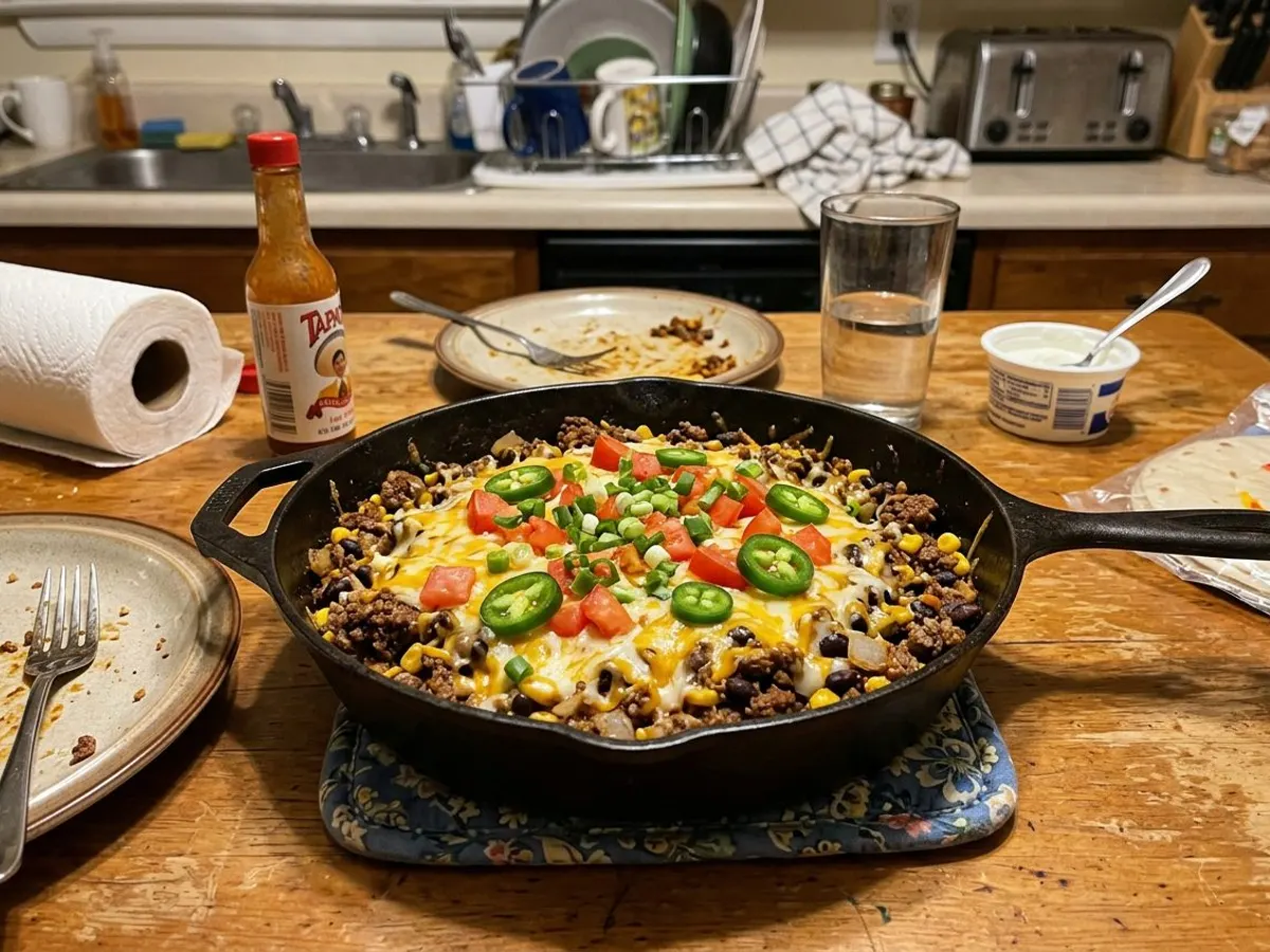 Beef taco skillet with melted cheese, tomatoes, and jalapeño