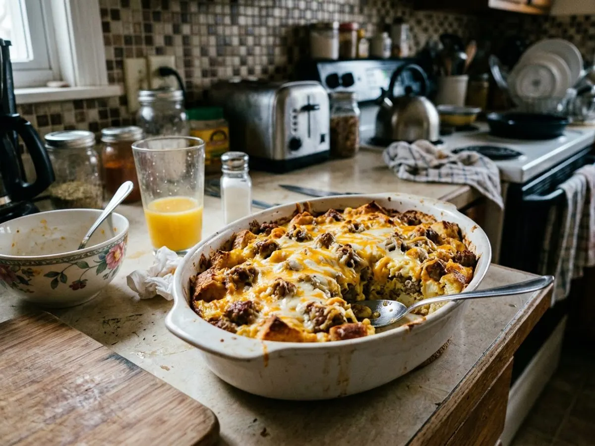 Breakfast casserole with sausage, eggs, and melted cheese
