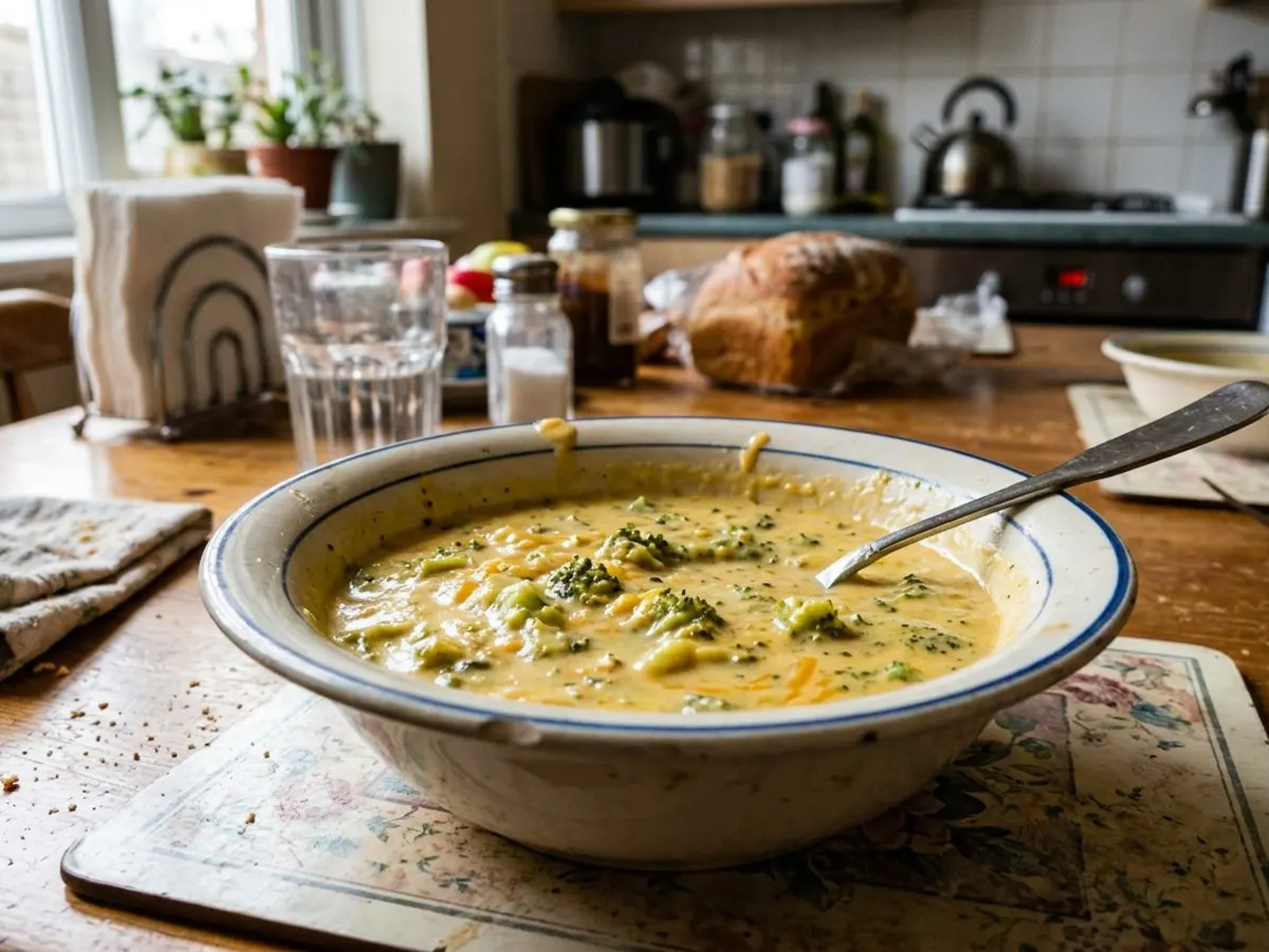 Creamy broccoli cheddar soup in a bowl