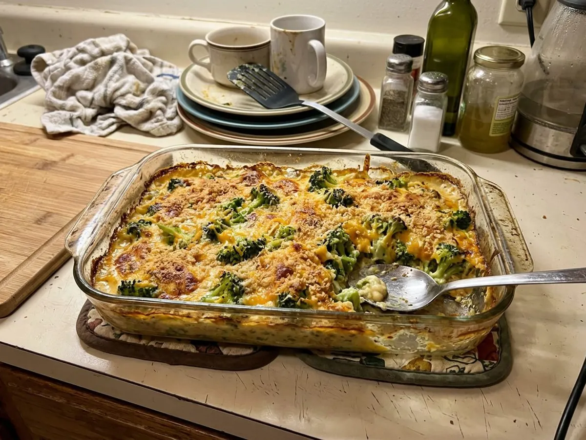 Broccoli cheese casserole baked until golden and bubbling