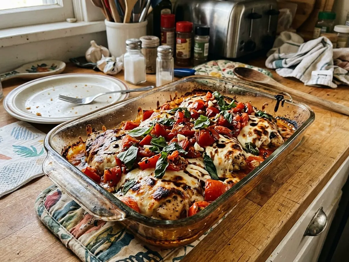 Bruschetta chicken bake topped with tomatoes, basil, and melted mozzarella