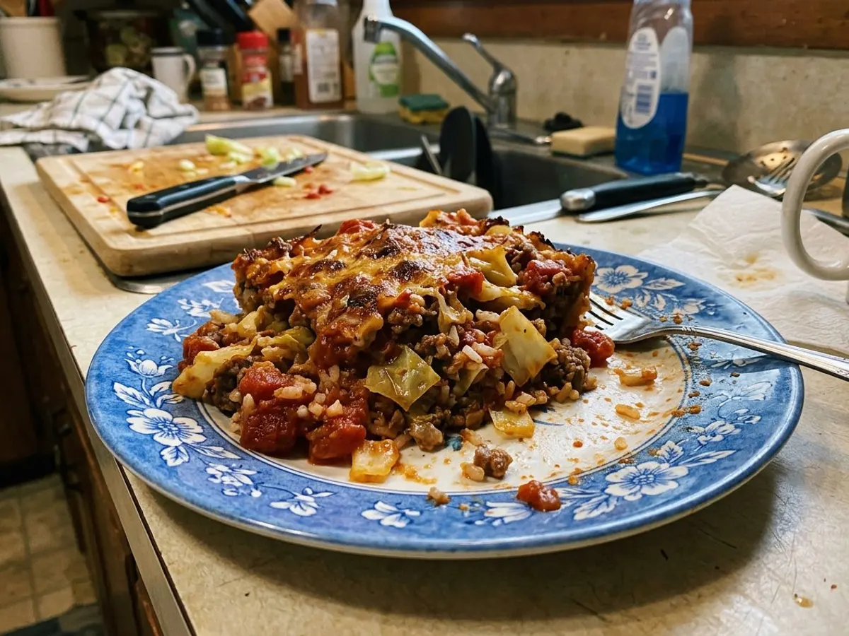 Unstuffed cabbage roll casserole with ground beef, rice, and tomato sauce