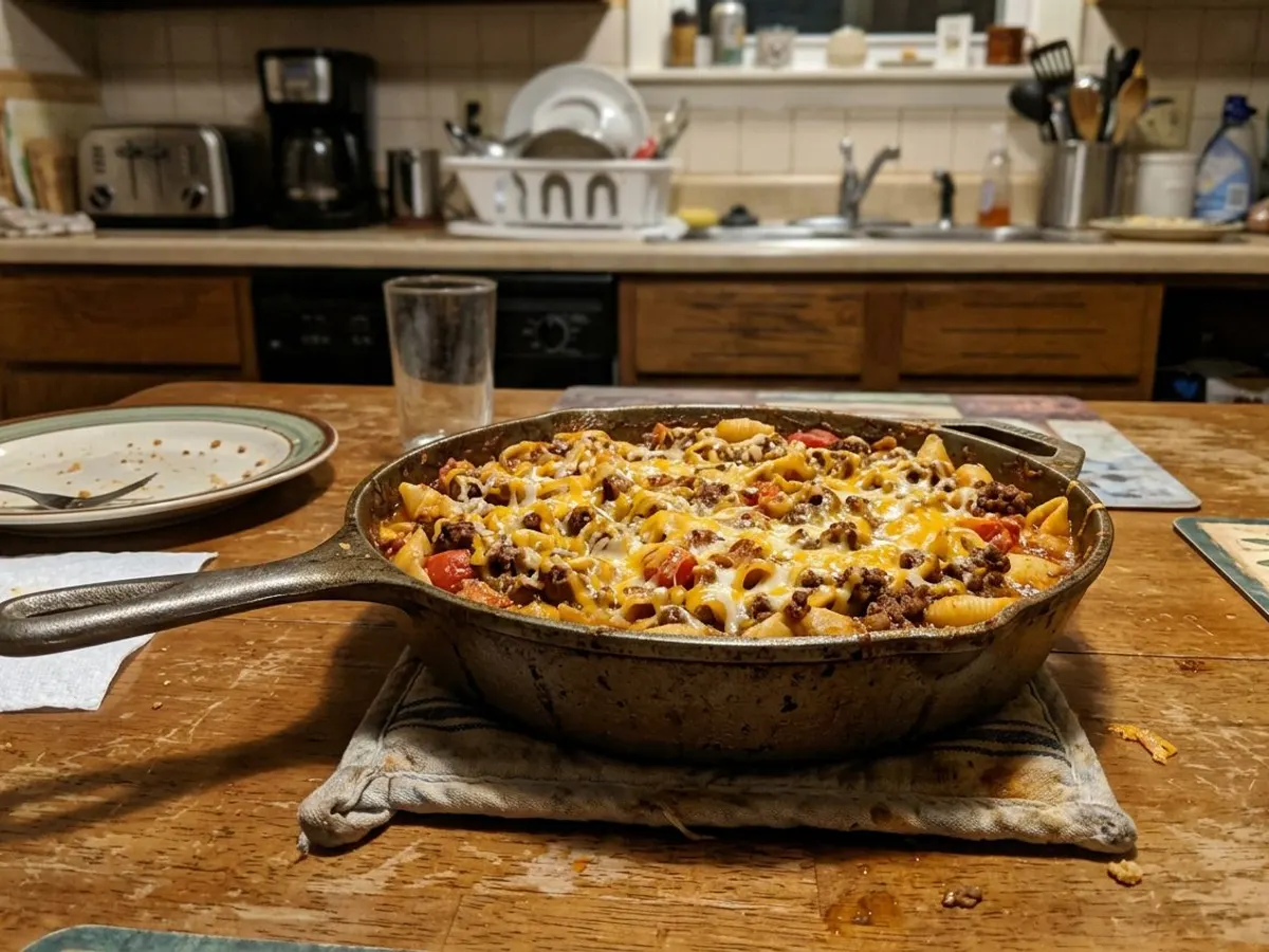 Cheeseburger macaroni skillet with melted cheddar