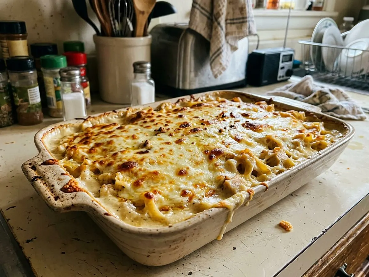 Baked chicken alfredo pasta with golden mozzarella top