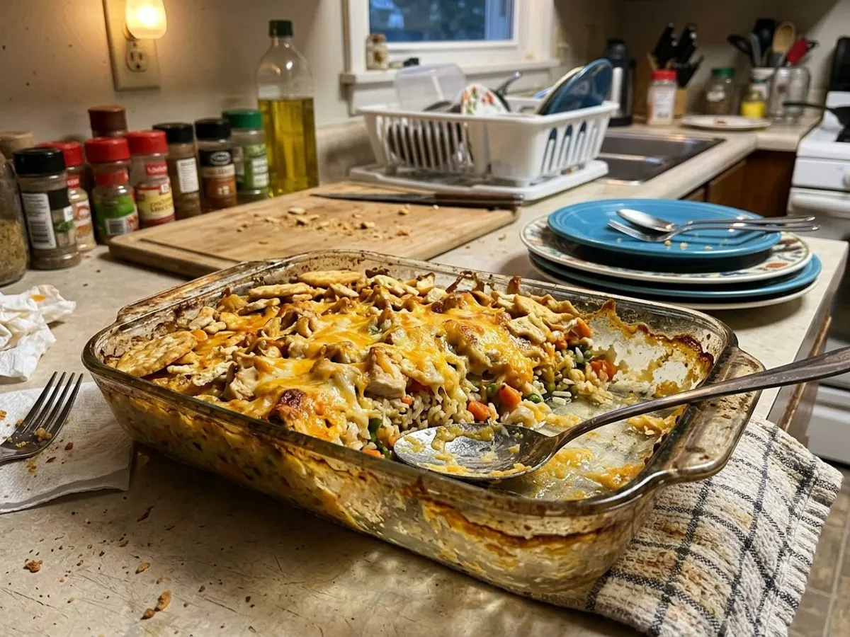 Cheesy chicken and rice casserole in a baking dish