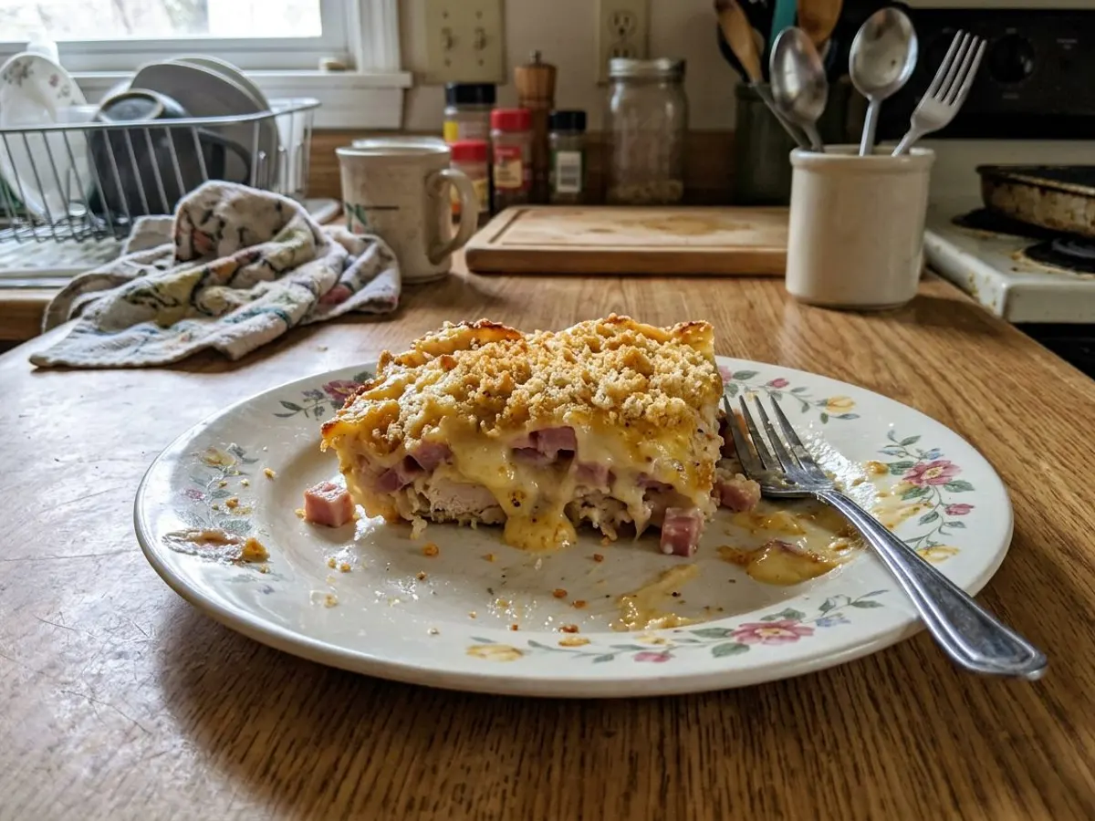 Chicken cordon bleu casserole with ham, swiss cheese sauce, and buttered crumbs