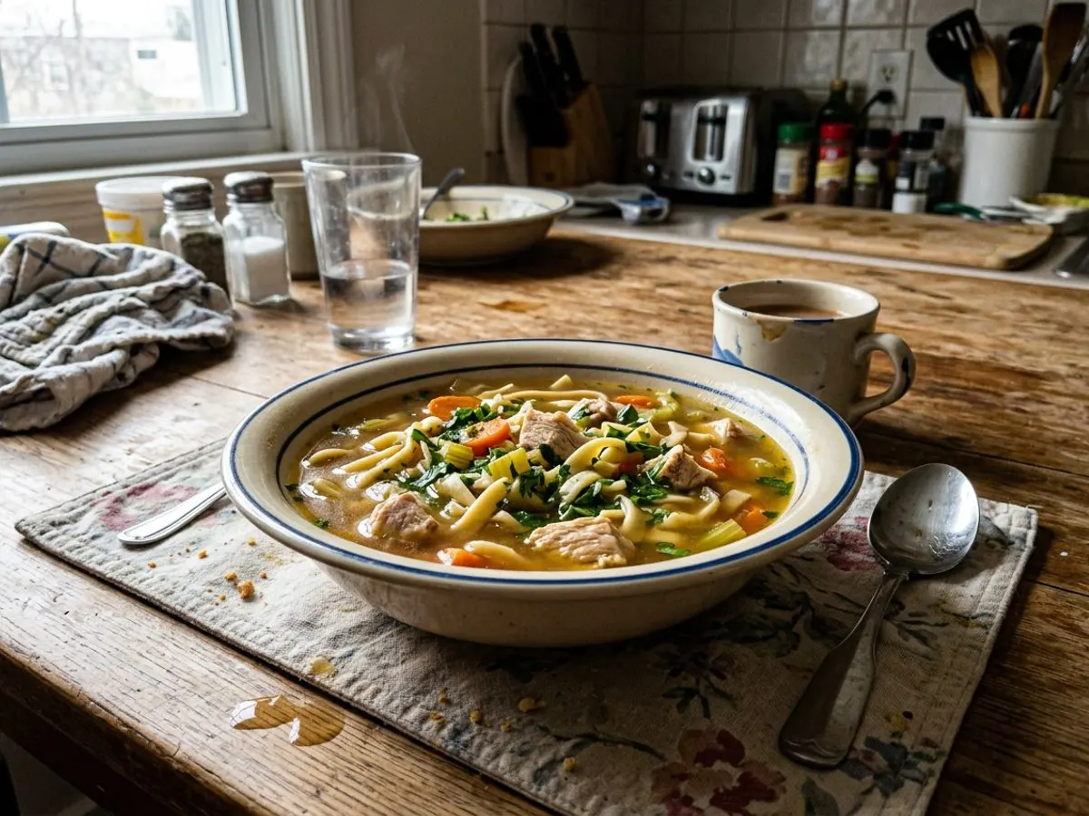Bowl of from-scratch chicken noodle soup with egg noodles, carrots, and parsley