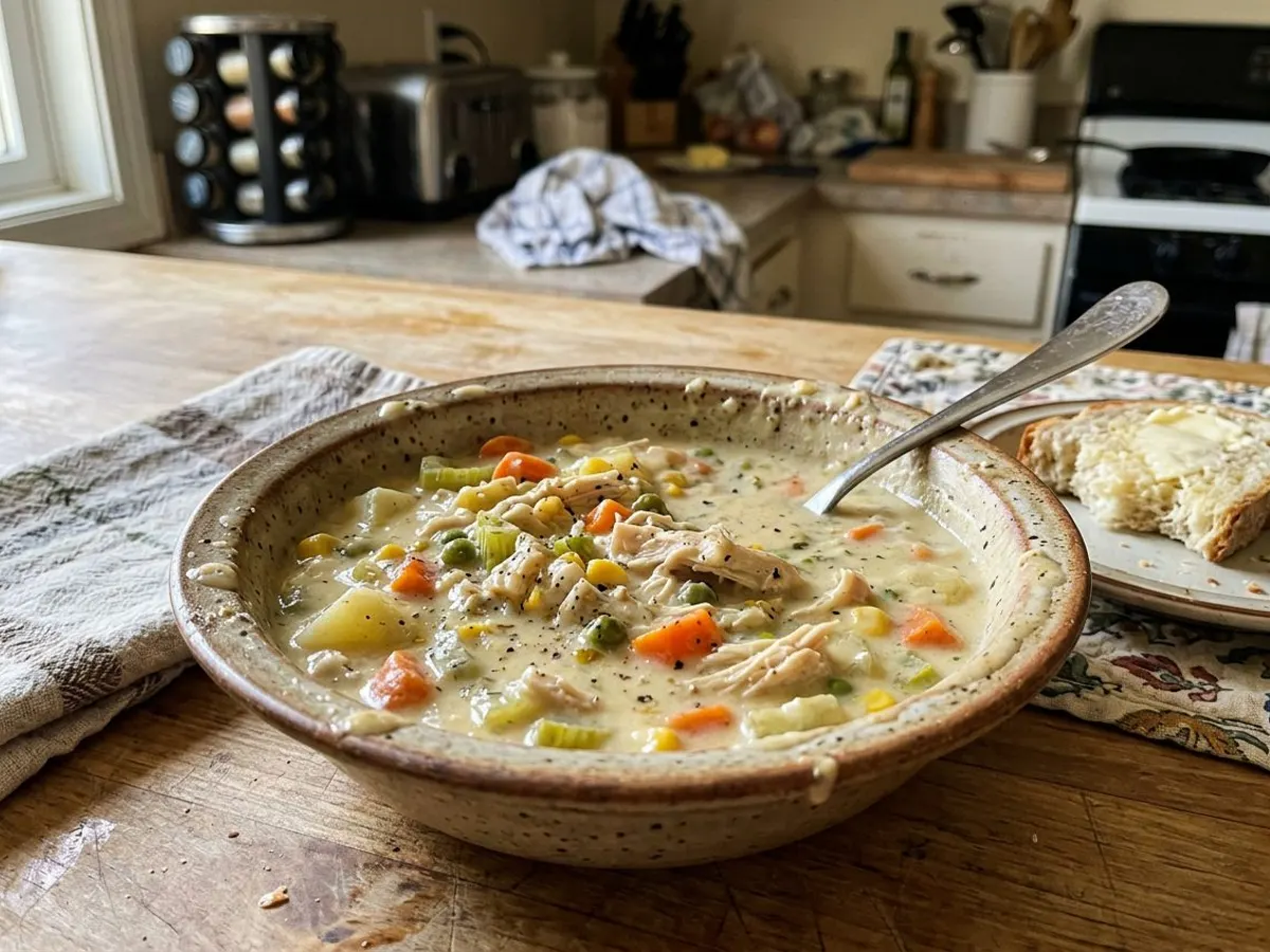 Creamy chicken pot pie soup with vegetables