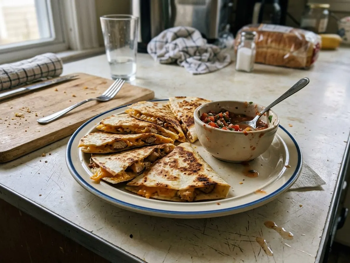 Golden chicken quesadillas cut into wedges