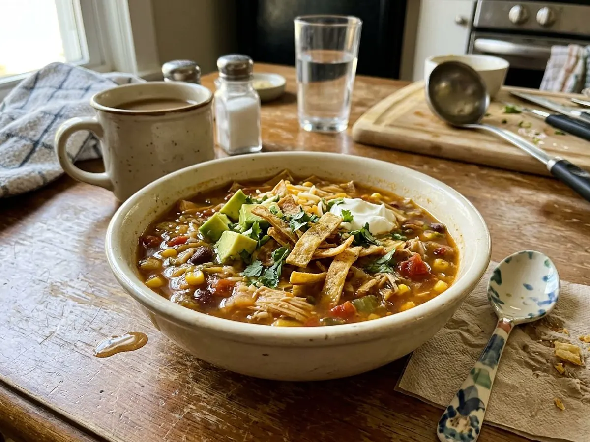 Chicken tortilla soup topped with crispy tortilla strips and avocado