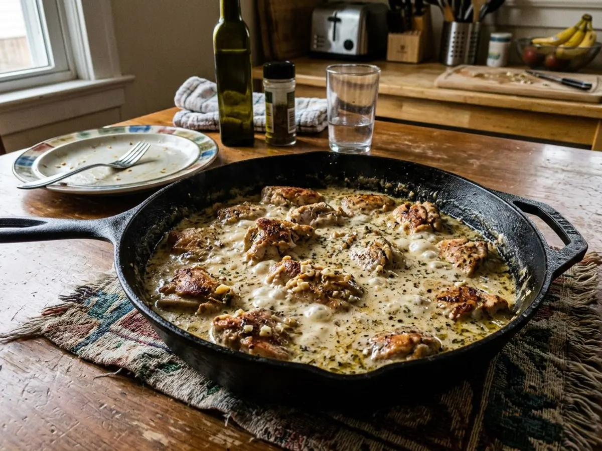 Creamy garlic butter chicken in a skillet with pan sauce