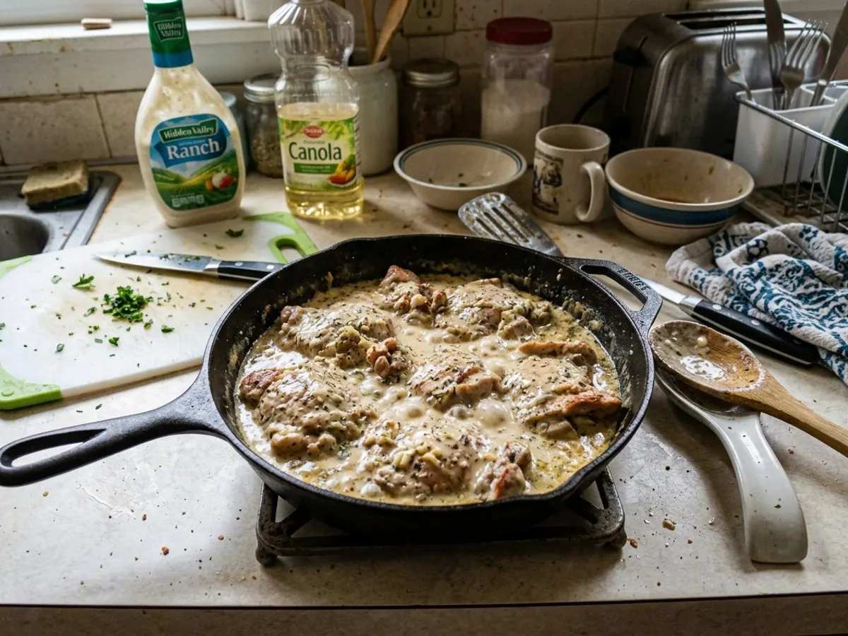 Creamy ranch chicken in a skillet with herbed cream sauce