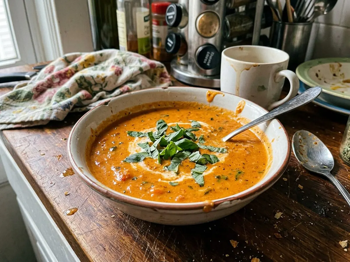 Creamy tomato basil soup garnished with fresh basil