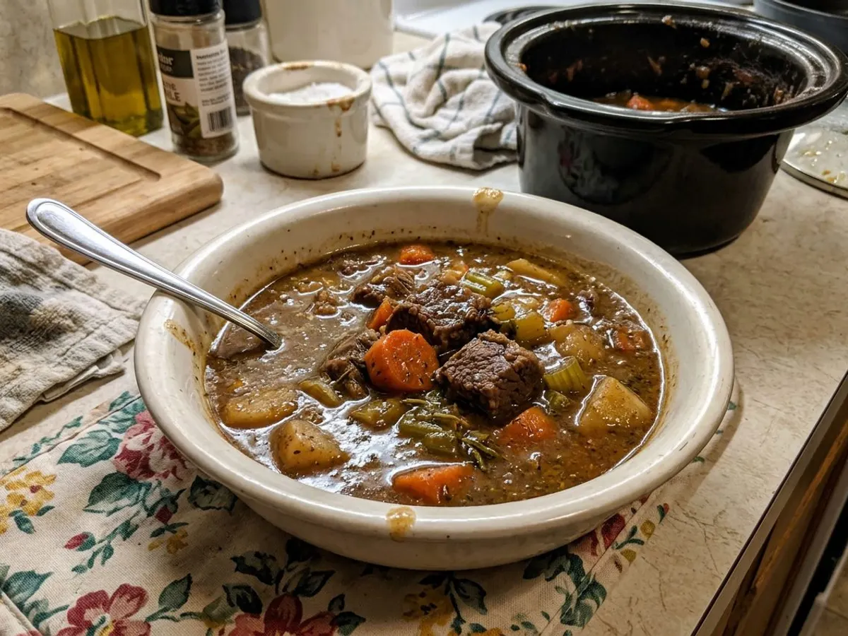 Hearty crockpot beef stew with carrots and potatoes in rich gravy