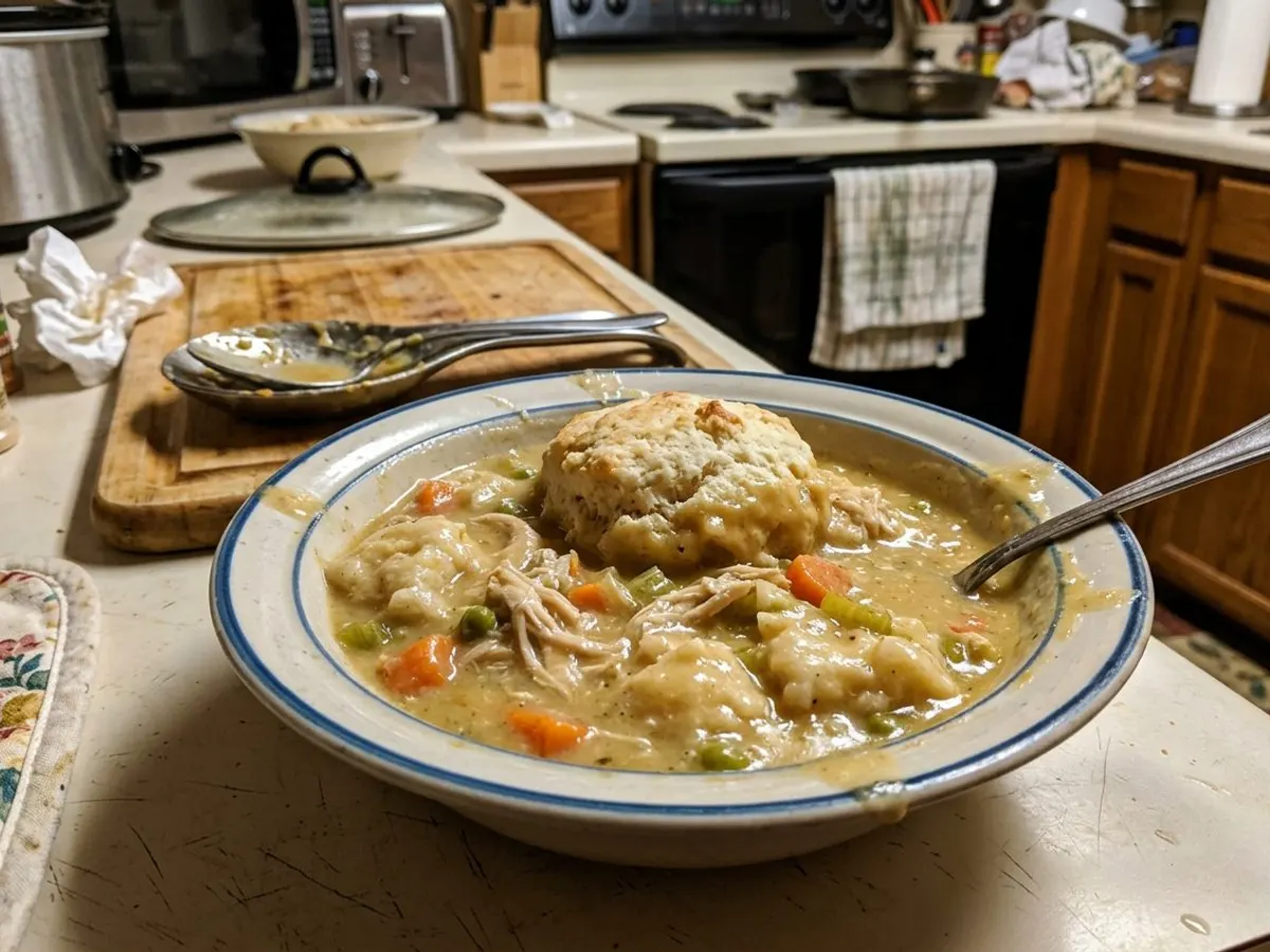 Crockpot chicken and dumplings with fluffy biscuit dumplings in creamy broth