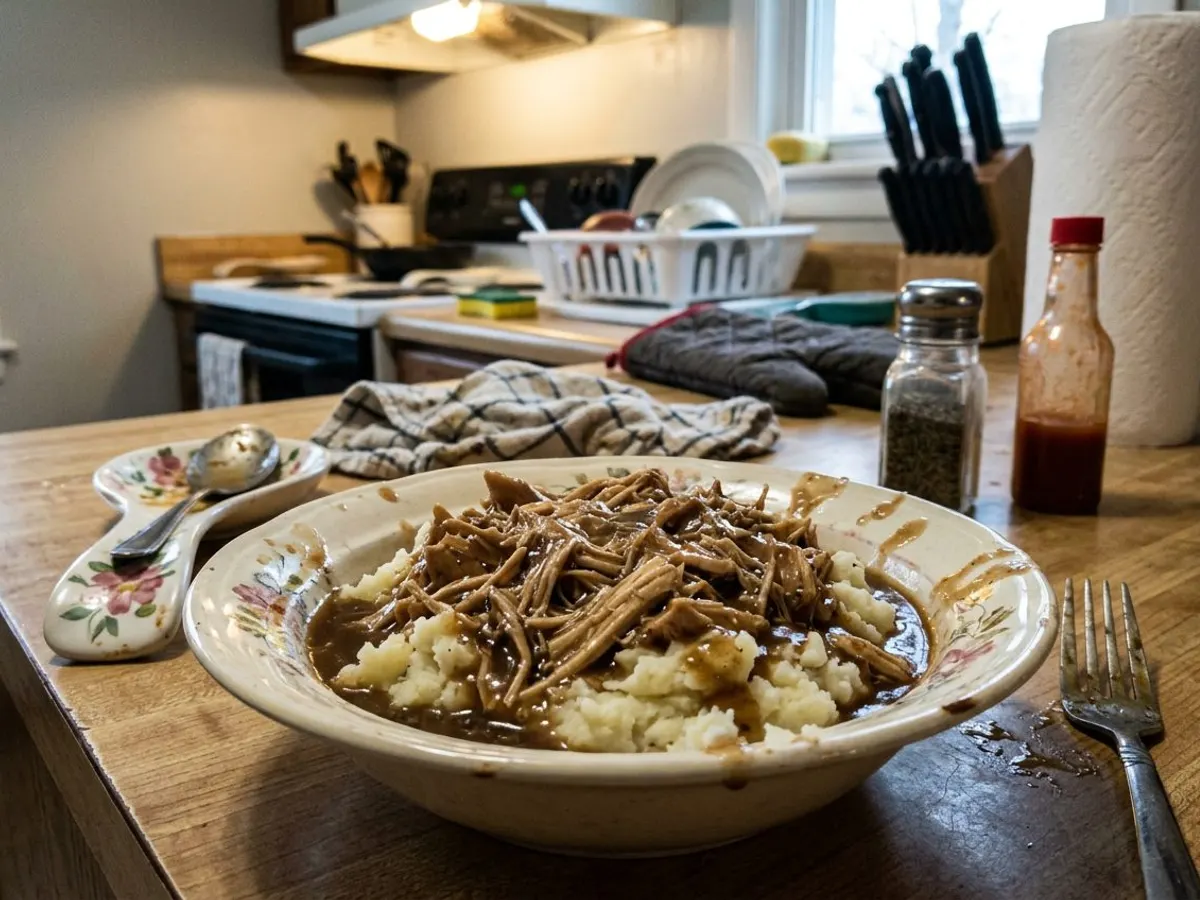 Shredded crockpot chicken and gravy served over mashed potatoes