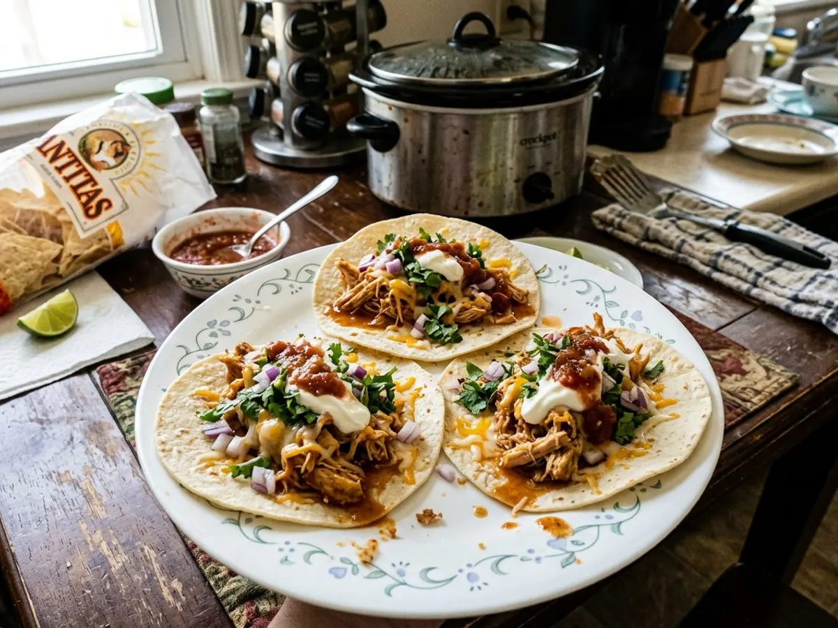 Crockpot chicken tacos topped with cheese and fresh toppings