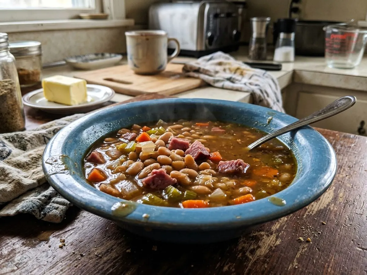 Rustic crockpot ham and bean soup in a bowl
