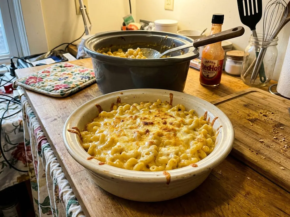 Creamy baked-style crockpot mac and cheese in a serving dish