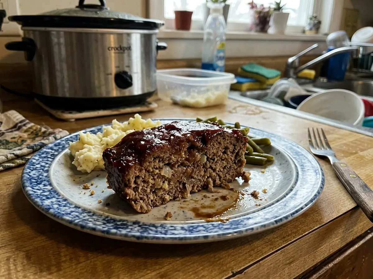 Glazed crockpot meatloaf sliced to show a moist tender crumb