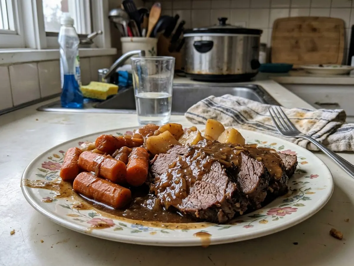 Sliced crockpot pot roast with carrots and rich gravy