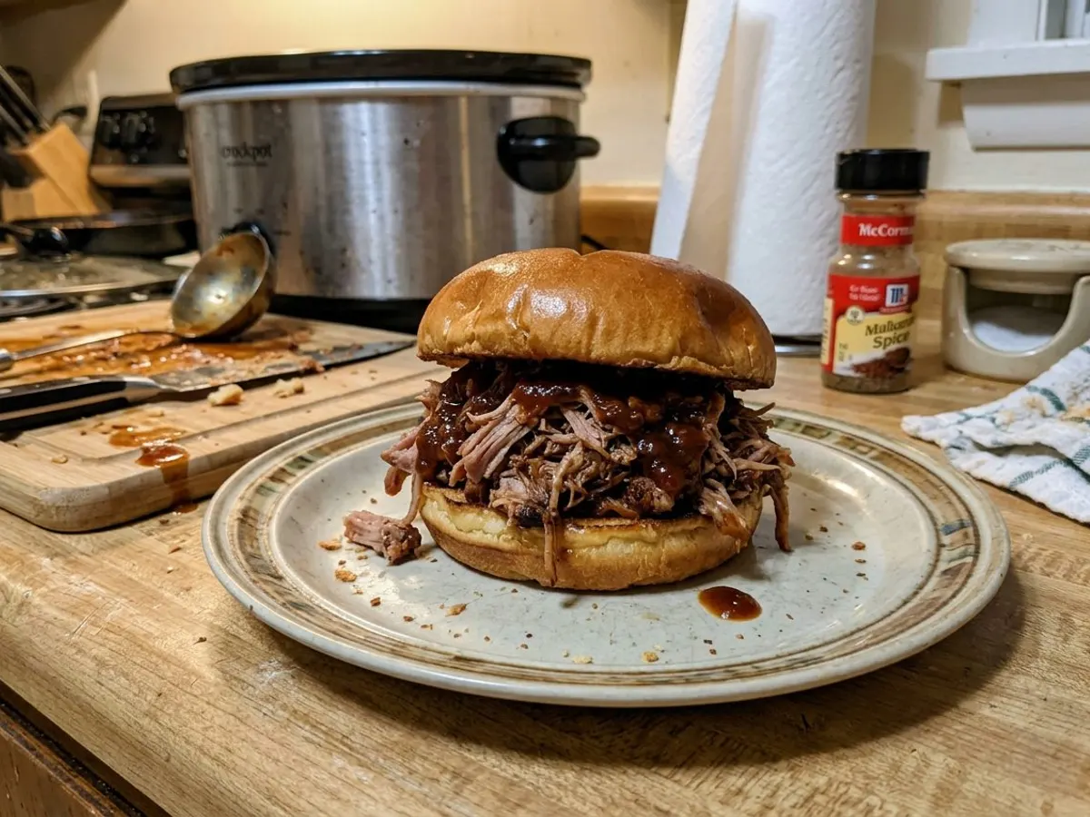 Crockpot pulled pork sandwich piled high with barbecue sauce on a bun
