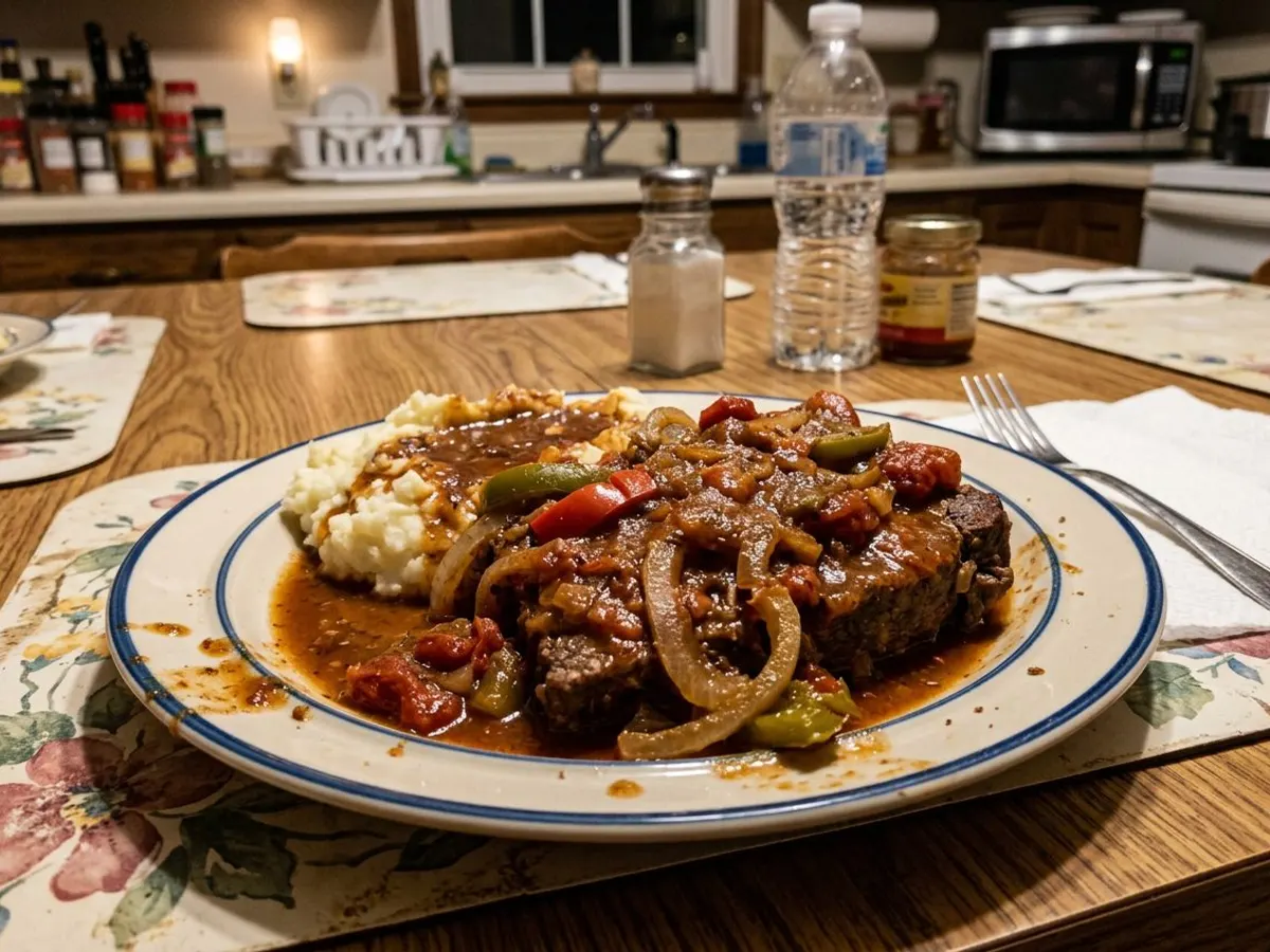 Crockpot swiss steak smothered in tomato gravy with peppers and onions