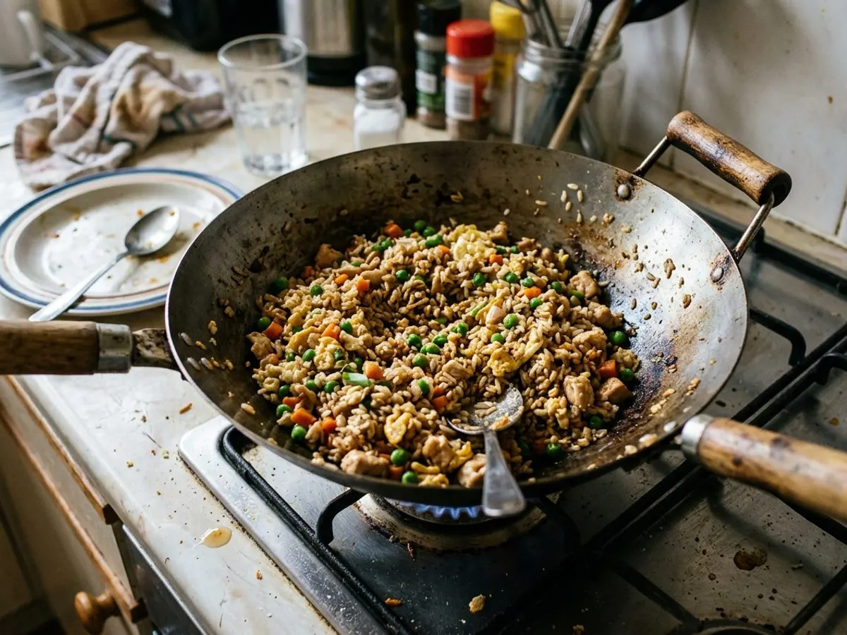 Chicken fried rice with egg, peas, and carrots in a wok