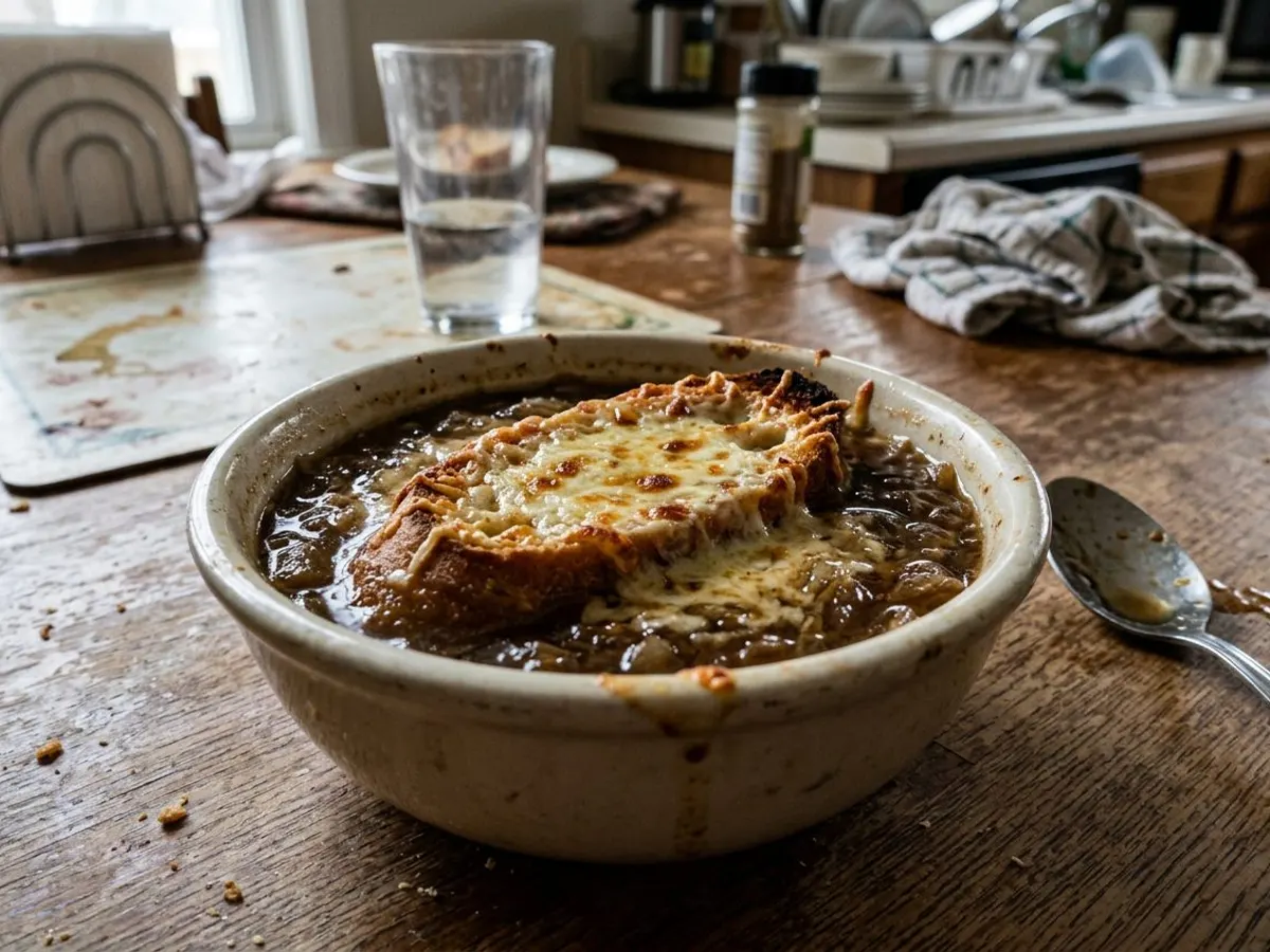 French onion soup with melted gruyère over a toasted baguette slice