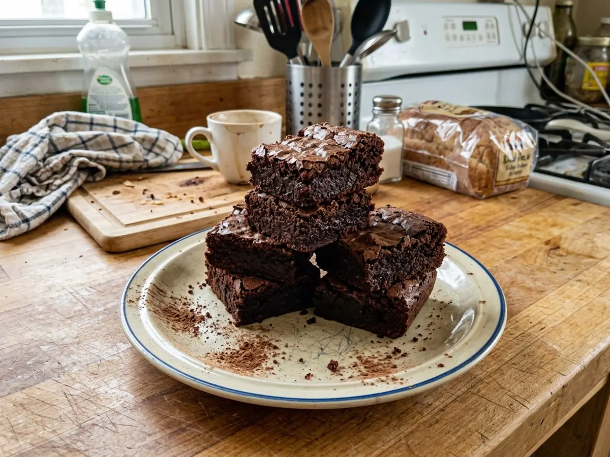 Fudgy chocolate brownies stacked to show dense crumb