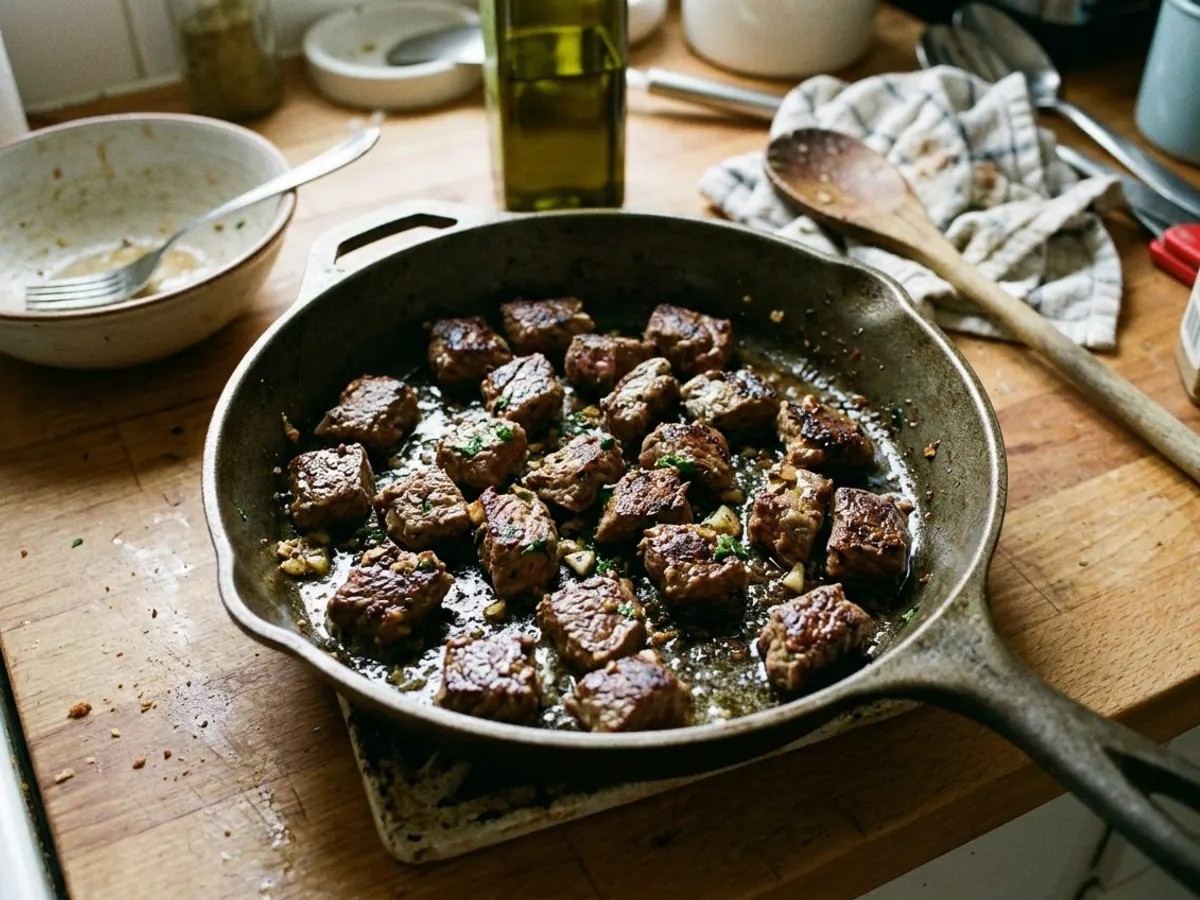 Seared garlic butter steak bites in a cast iron skillet