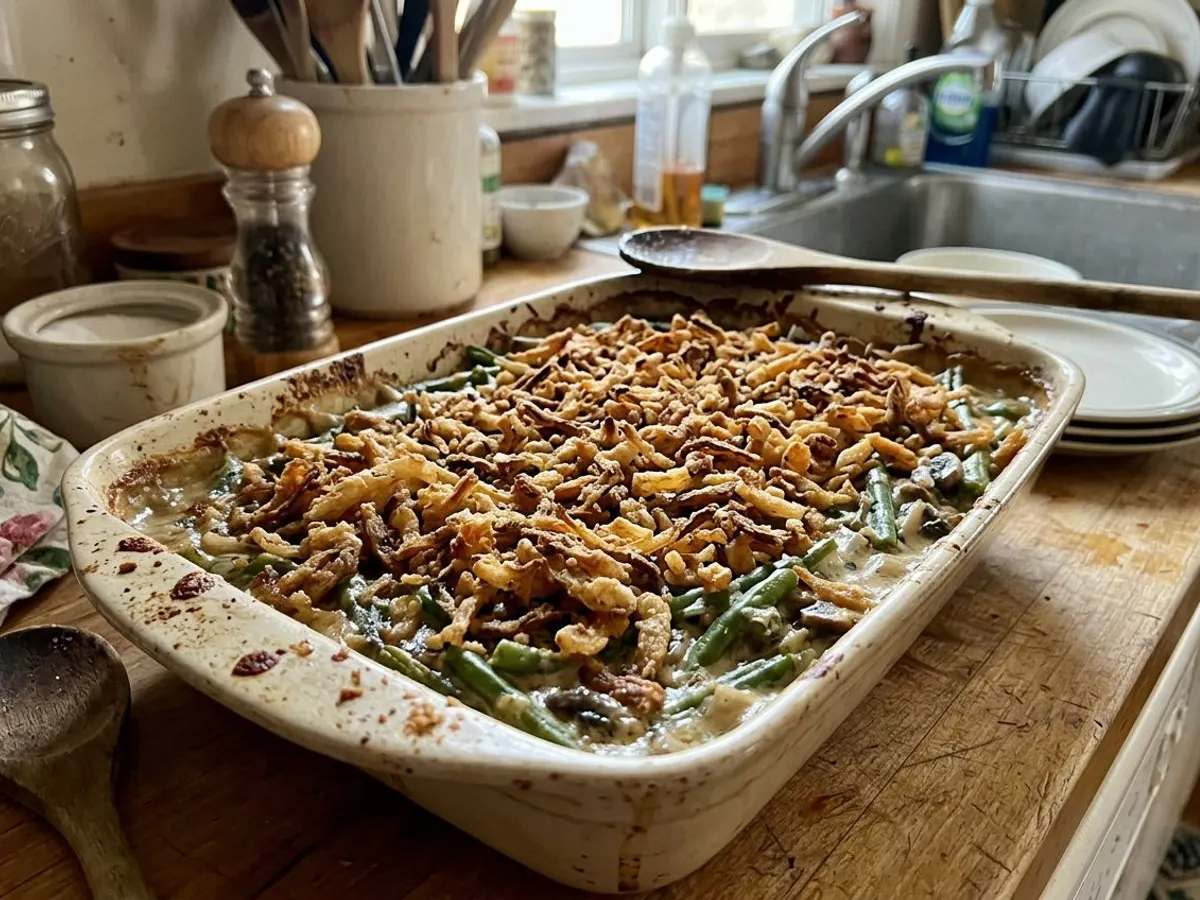 From-scratch green bean casserole with crispy fried onion topping