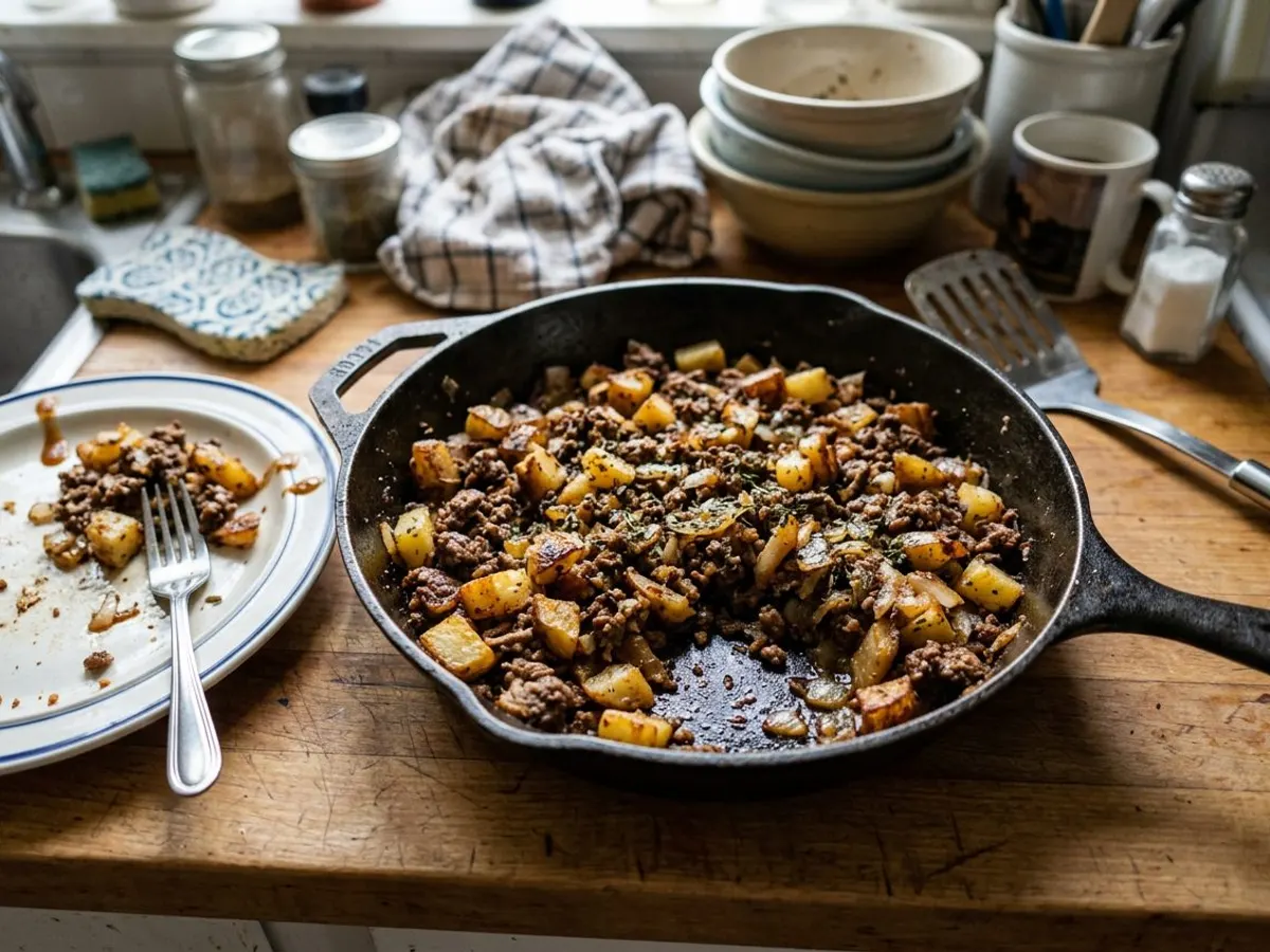 Ground beef and crispy potatoes skillet with onions and herbs