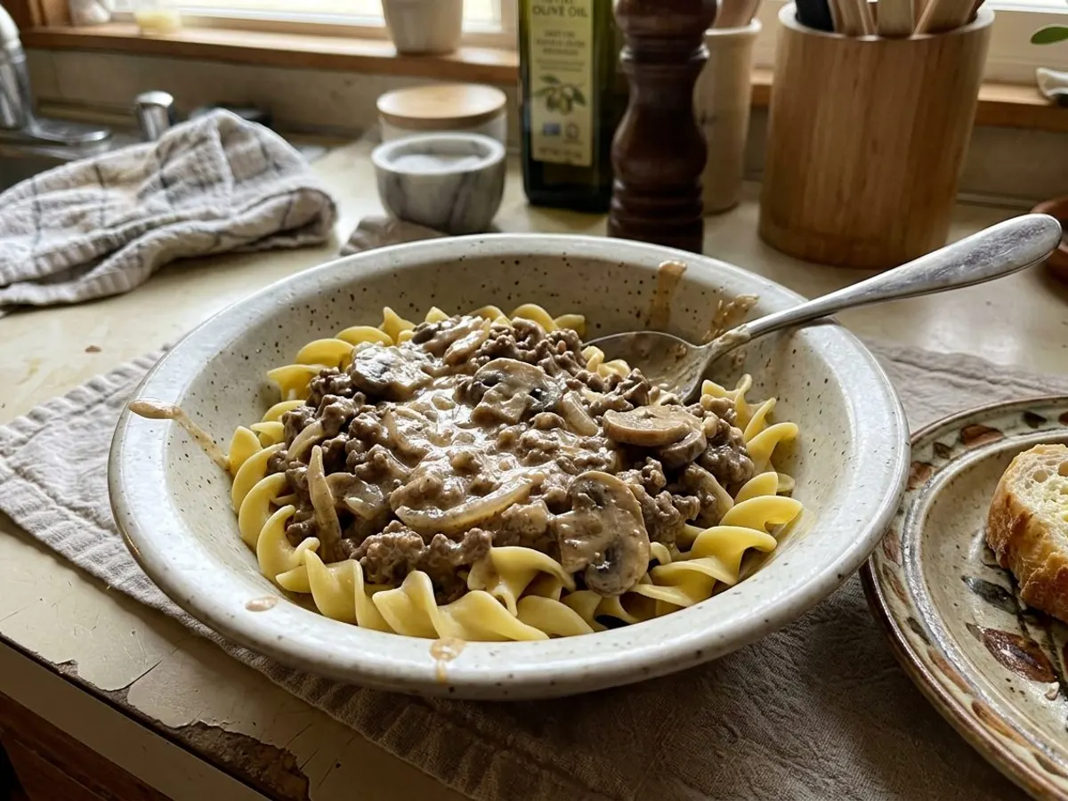 Ground beef stroganoff with mushrooms over egg noodles