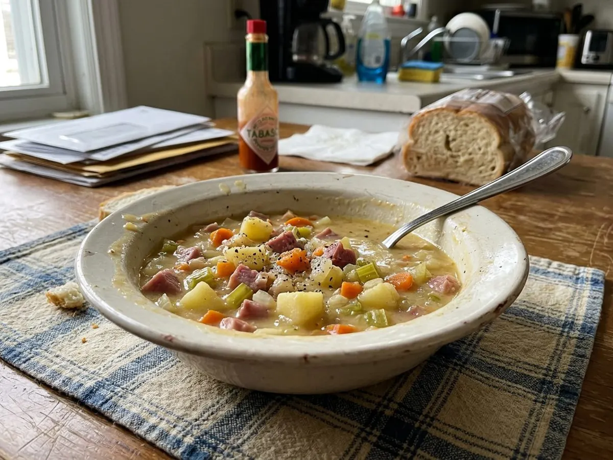 Hearty ham and potato soup in a rustic bowl