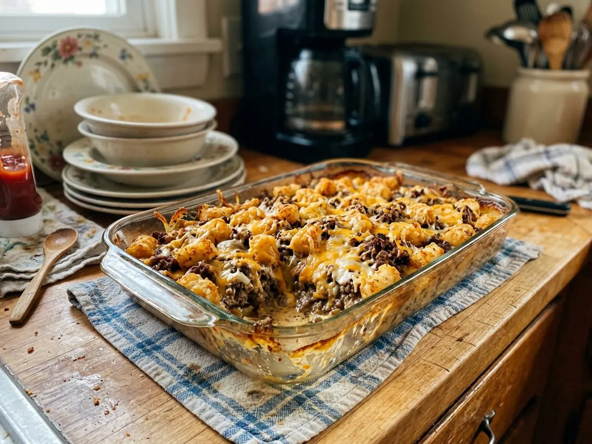 Hamburger hashbrown casserole with browned potato and beef layers