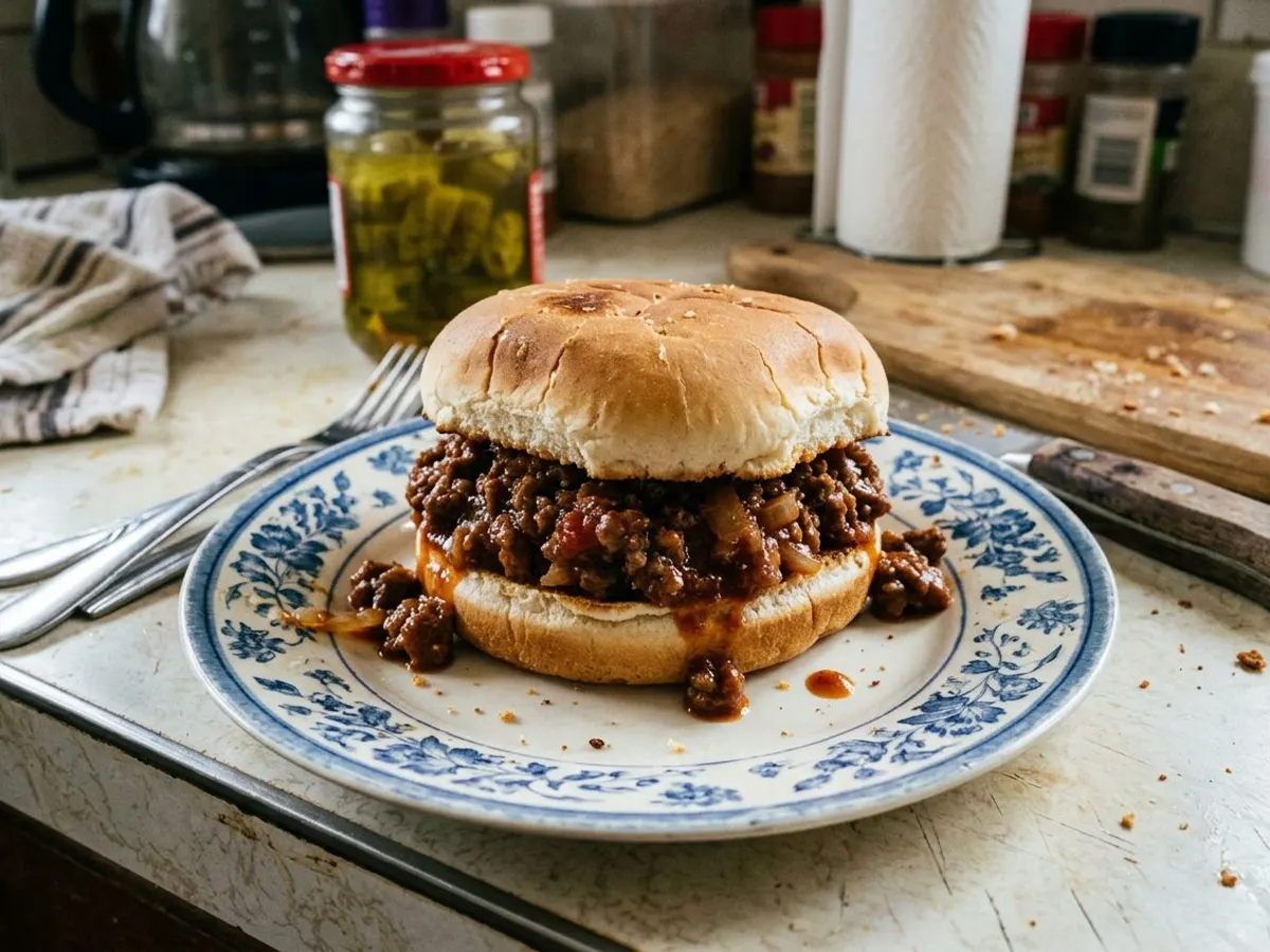 Homemade sloppy joe sandwich with saucy ground beef on a toasted bun